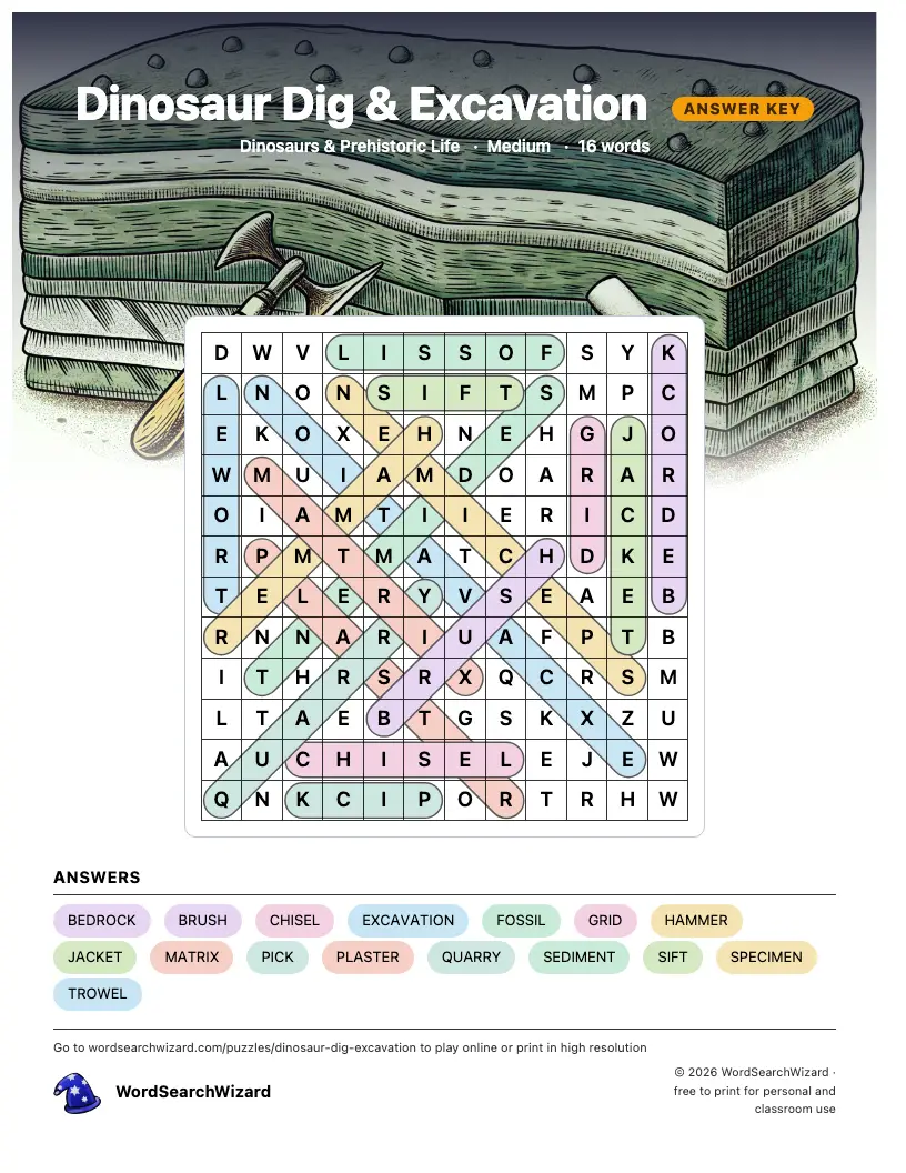 Dinosaur Dig & Excavation word search answer key, all 16 words marked