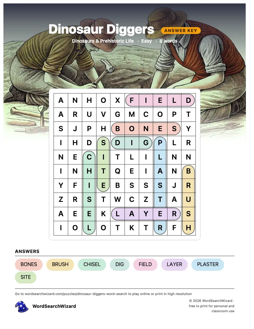 Dinosaur Diggers word search answer key, all 8 words marked
