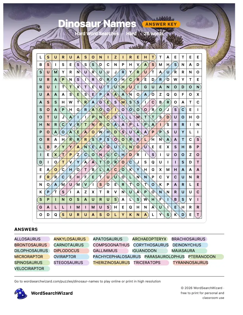 Dinosaur Names word search answer key, all 26 words marked