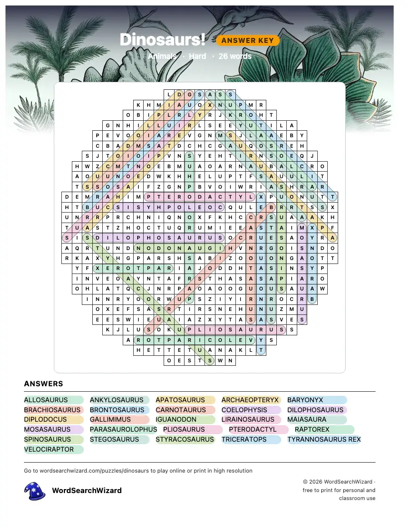 Dinosaurs! word search answer key, all 26 words marked