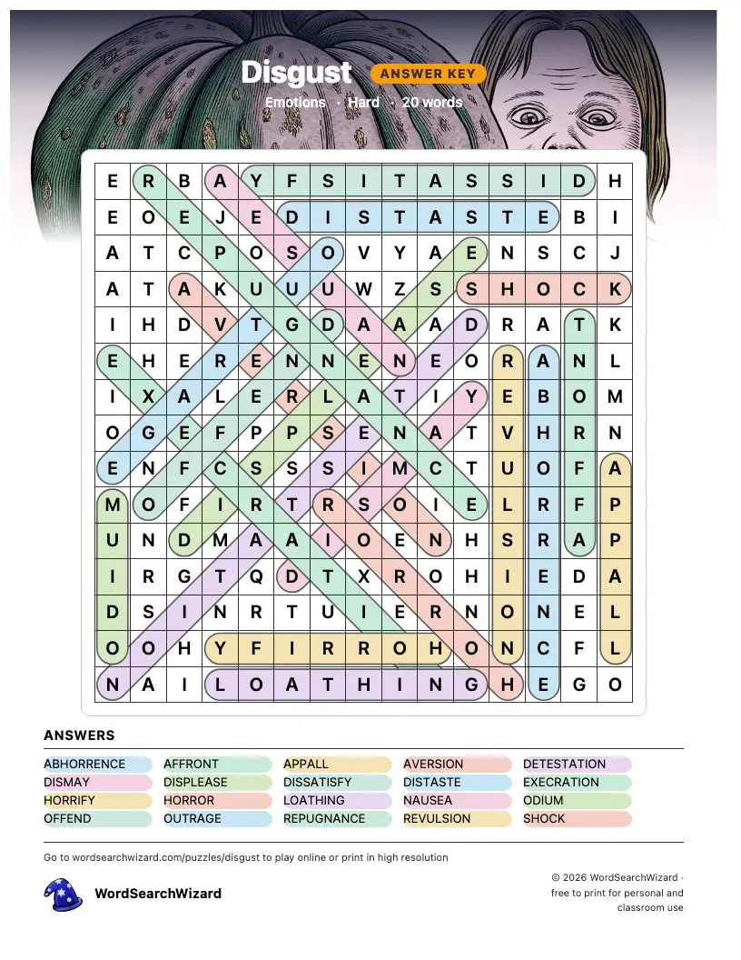 Disgust word search answer key, all 20 words marked