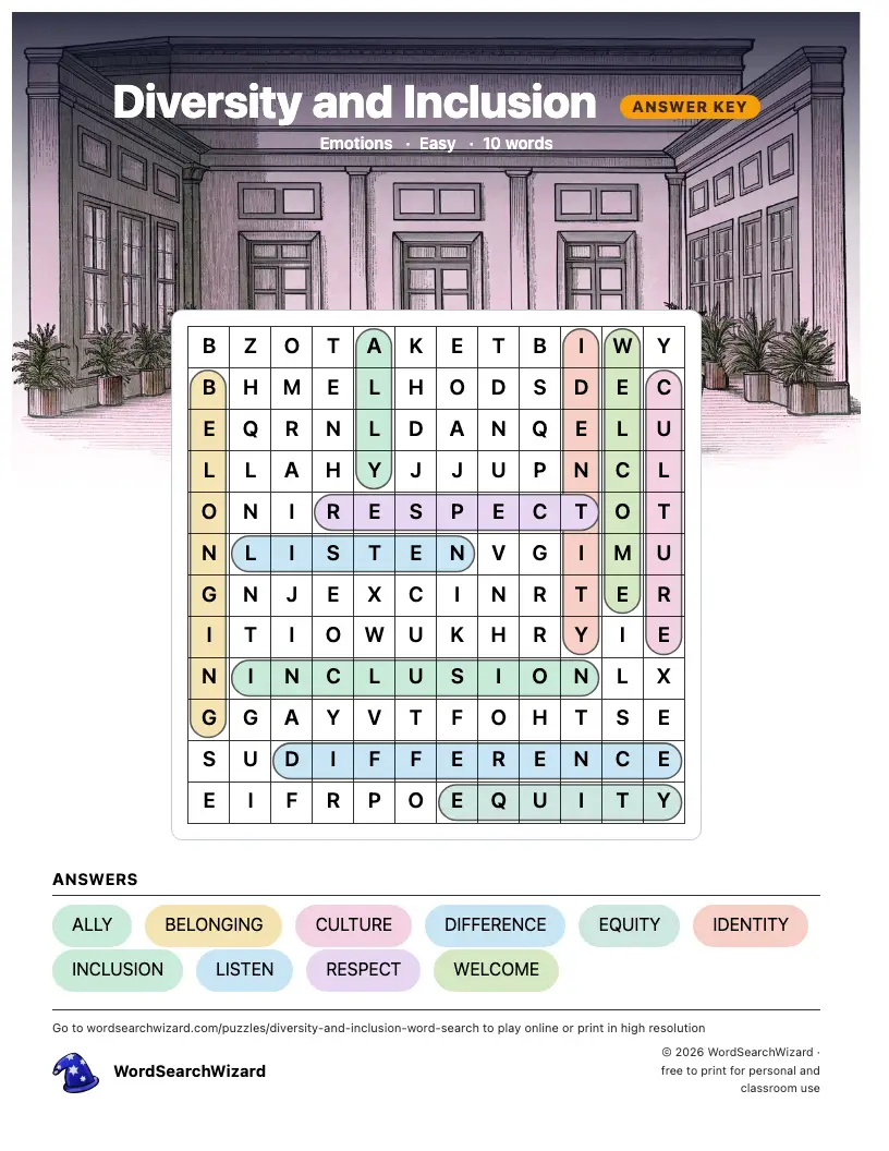Diversity and Inclusion word search answer key, all 10 words marked