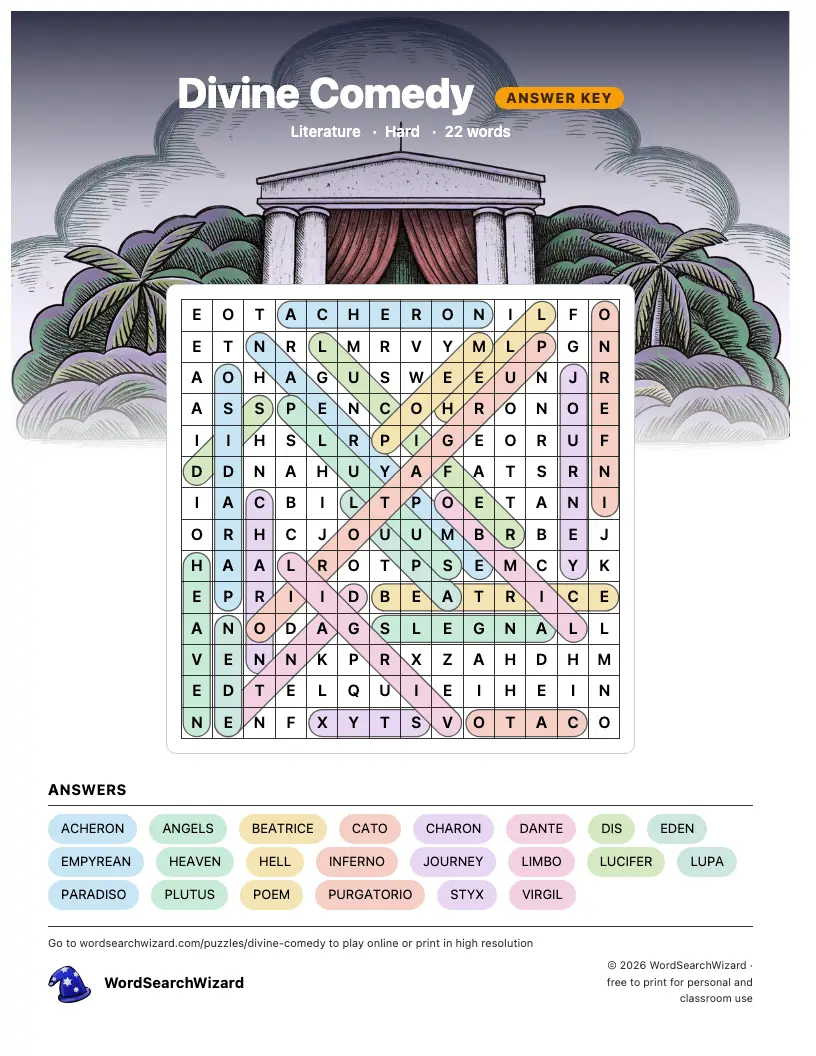 Divine Comedy word search answer key, all 22 words marked