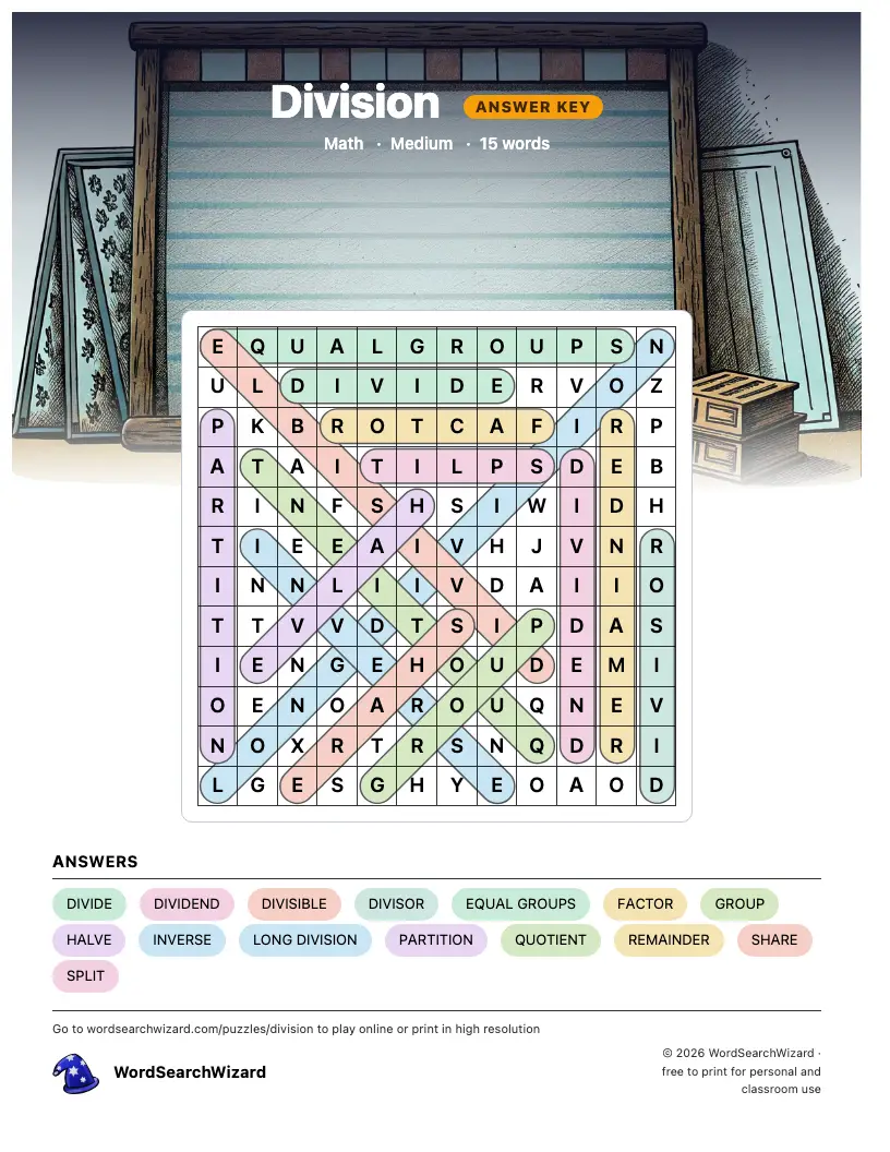 Division word search answer key, all 15 words marked