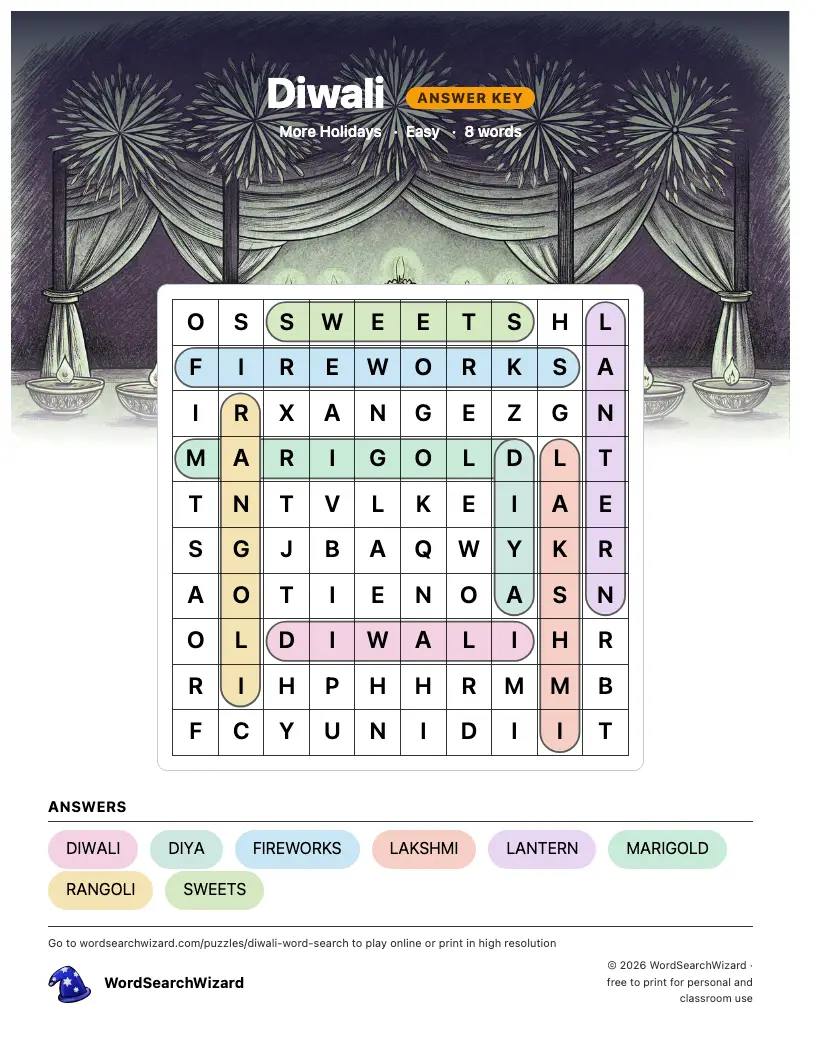 Diwali word search answer key, all 8 words marked