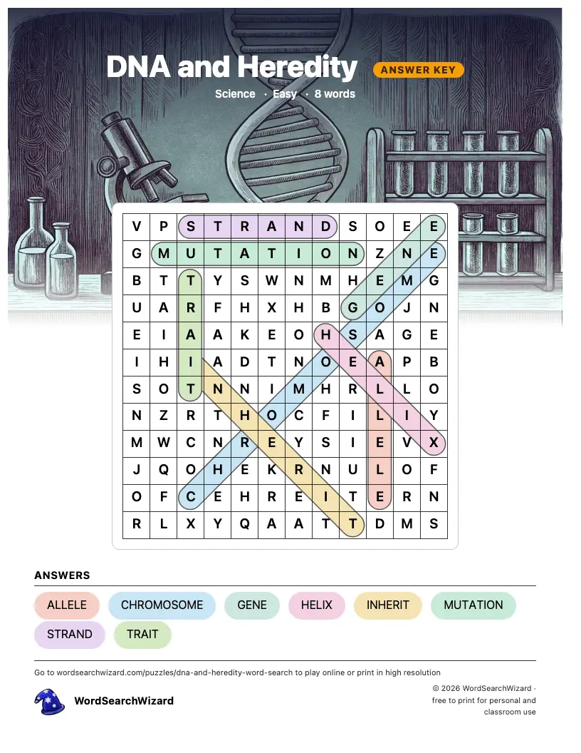 DNA and Heredity word search answer key, all 8 words marked