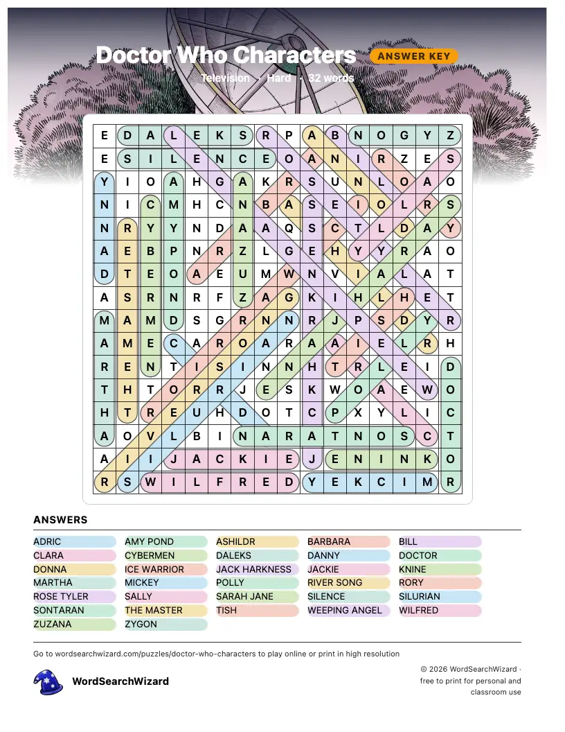 Doctor Who Characters word search answer key, all 32 words marked