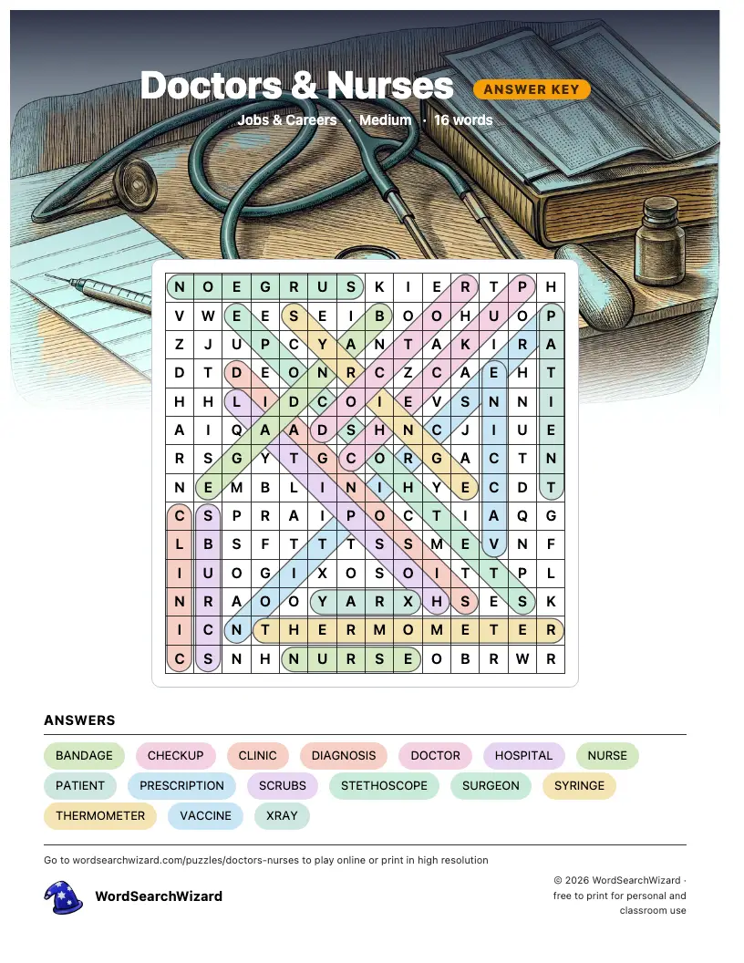Doctors & Nurses word search answer key, all 16 words marked
