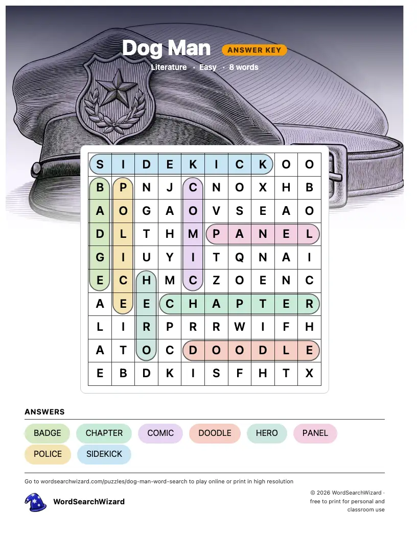 Dog Man word search answer key, all 8 words marked