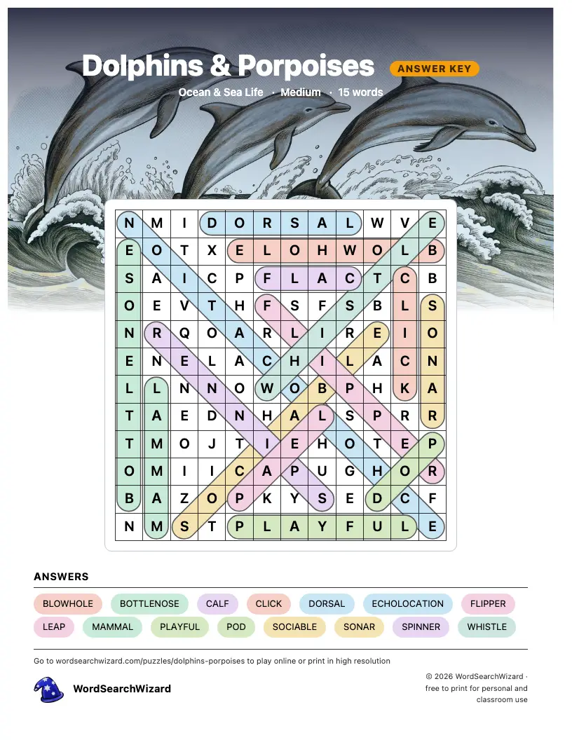 Dolphins & Porpoises word search answer key, all 15 words marked