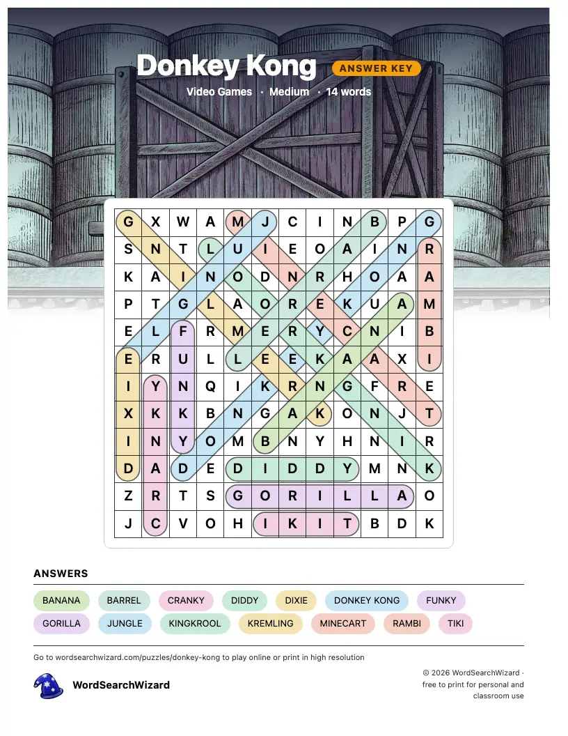 Donkey Kong word search answer key, all 14 words marked