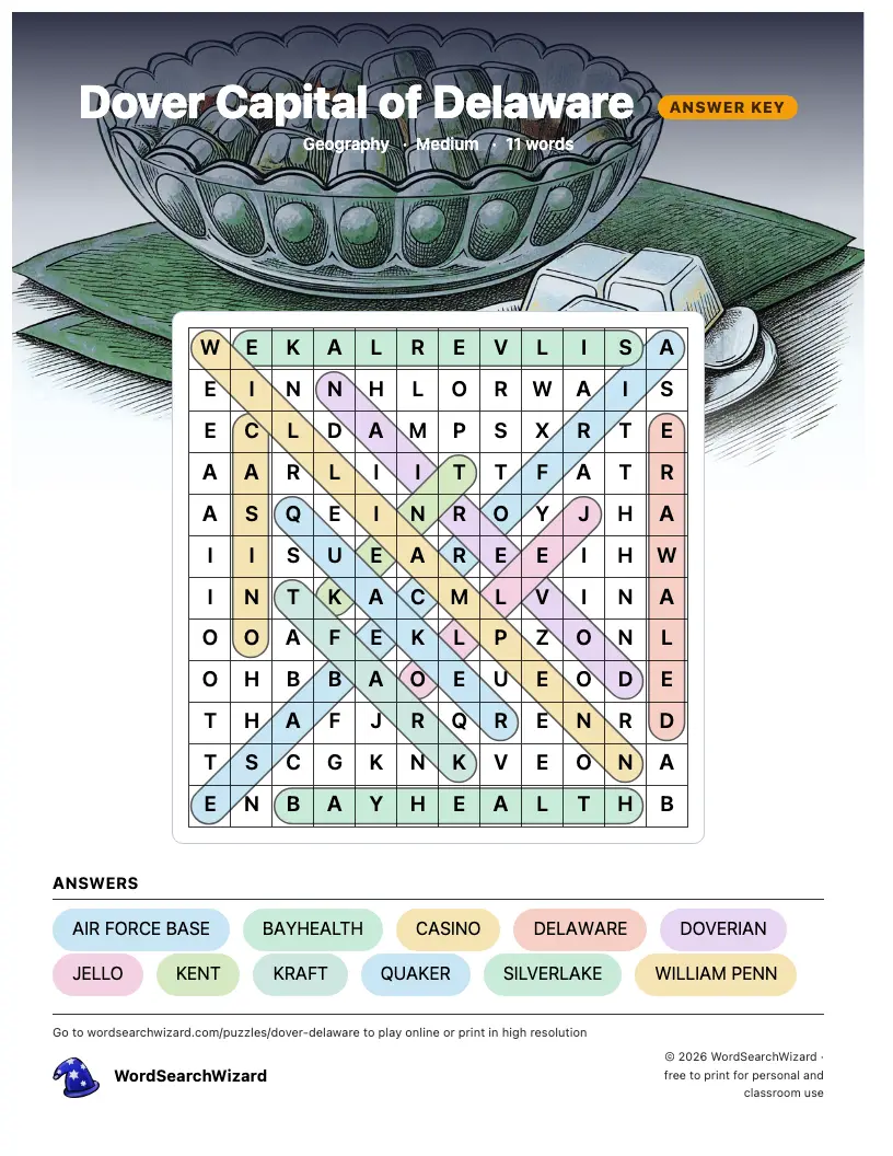 Dover Capital of Delaware word search answer key, all 11 words marked