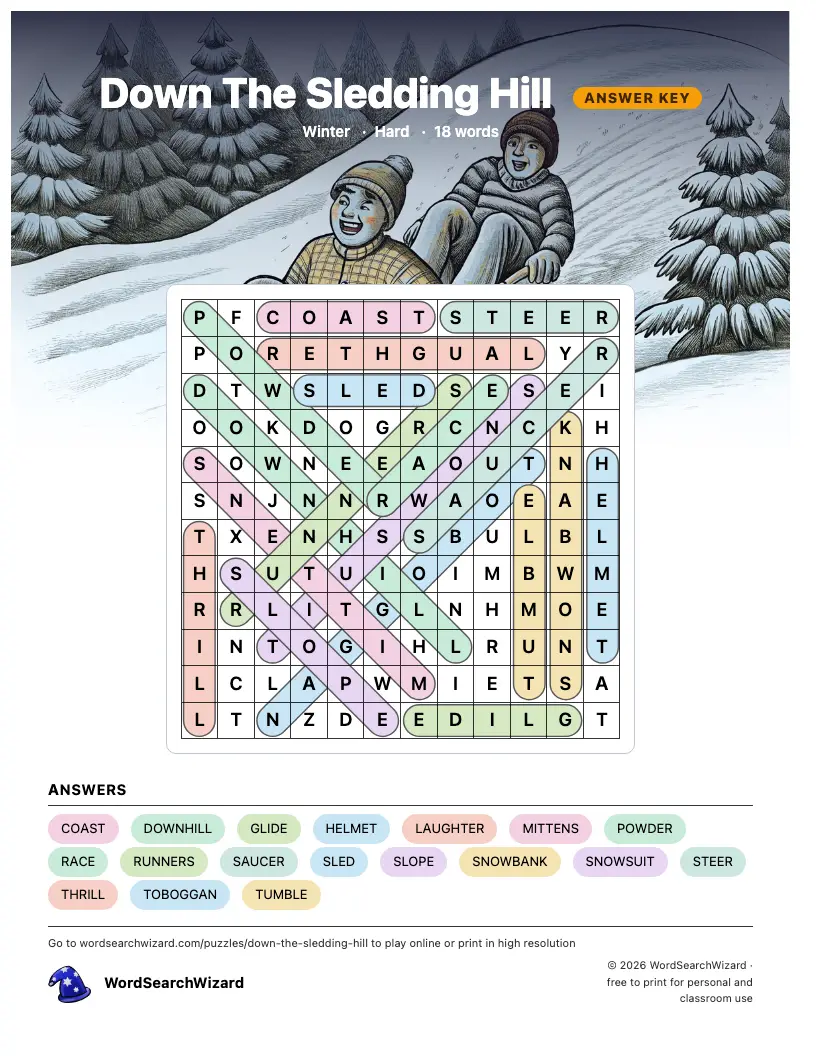 Down The Sledding Hill word search answer key, all 18 words marked