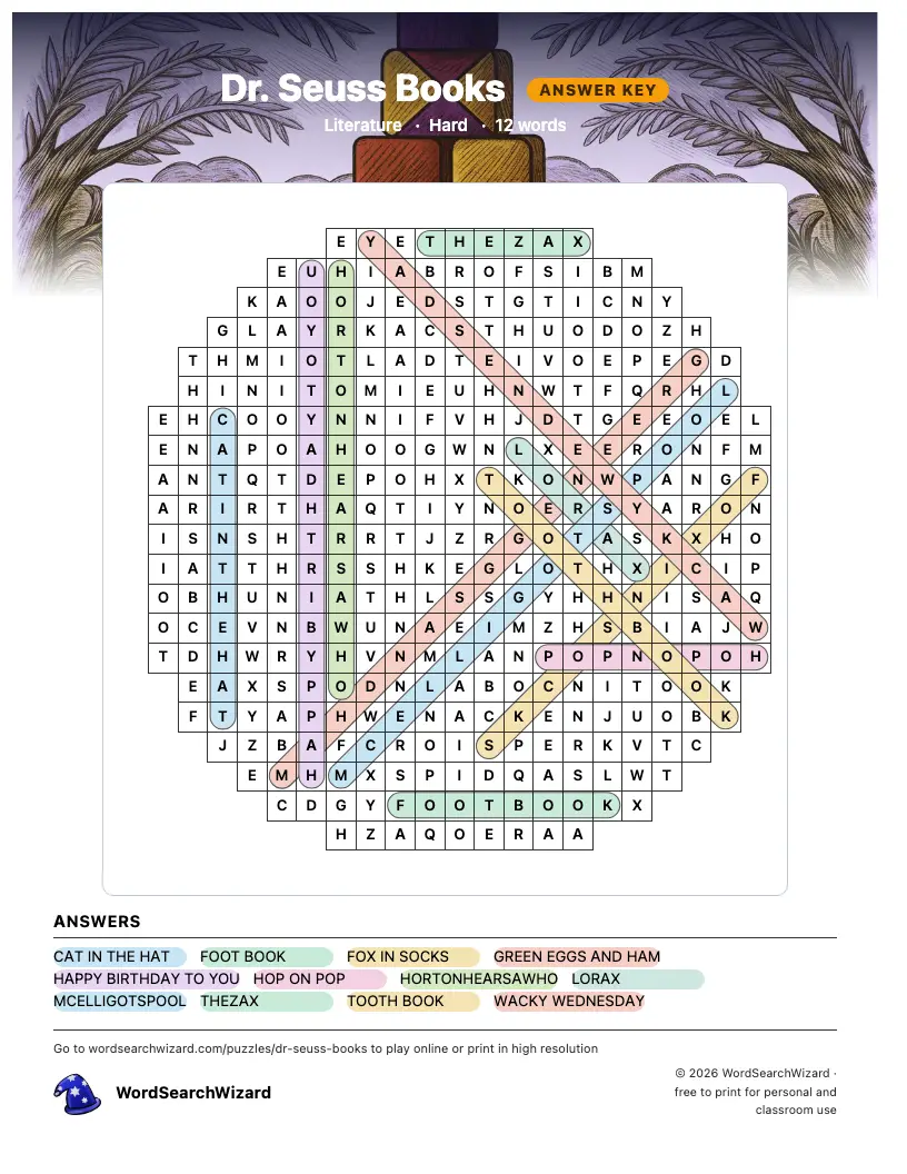 Dr. Seuss Books word search answer key, all 12 words marked