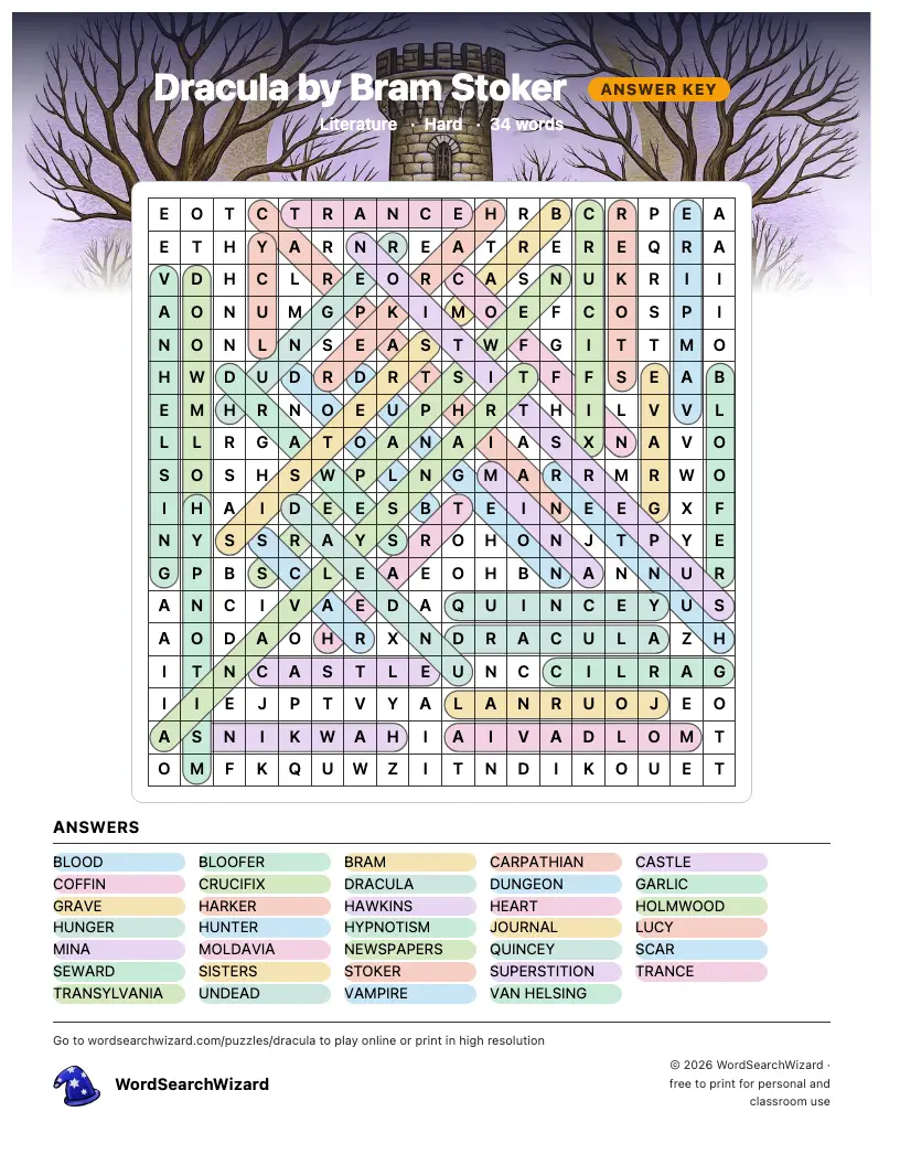 Dracula by Bram Stoker word search answer key, all 34 words marked