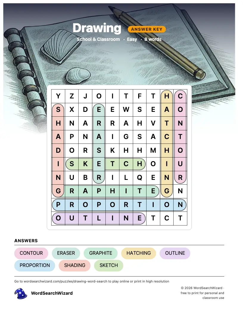 Drawing word search answer key, all 8 words marked
