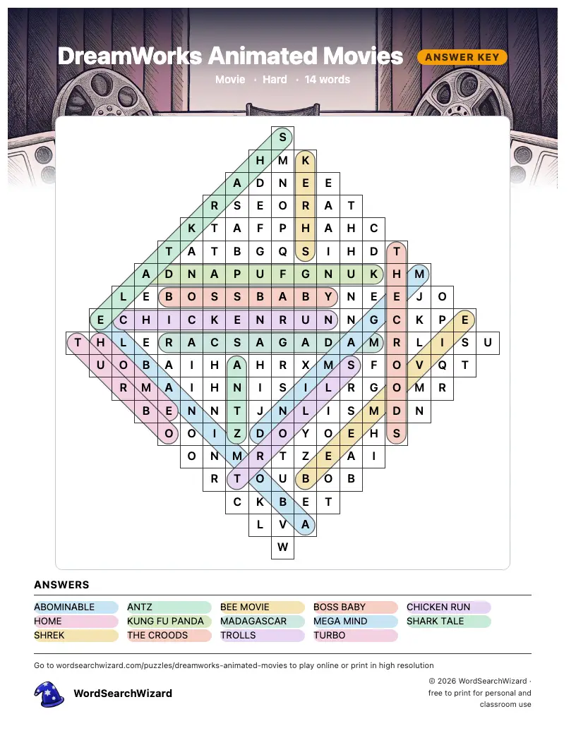 DreamWorks Animated Movies word search answer key, all 14 words marked