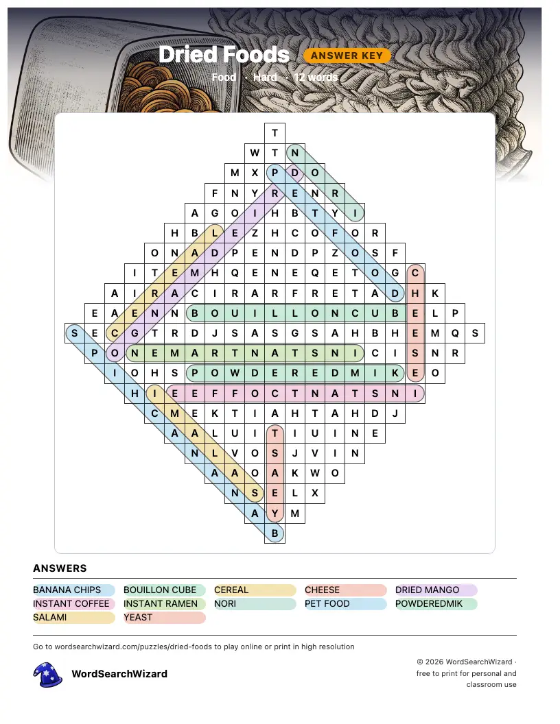 Dried Foods word search answer key, all 12 words marked