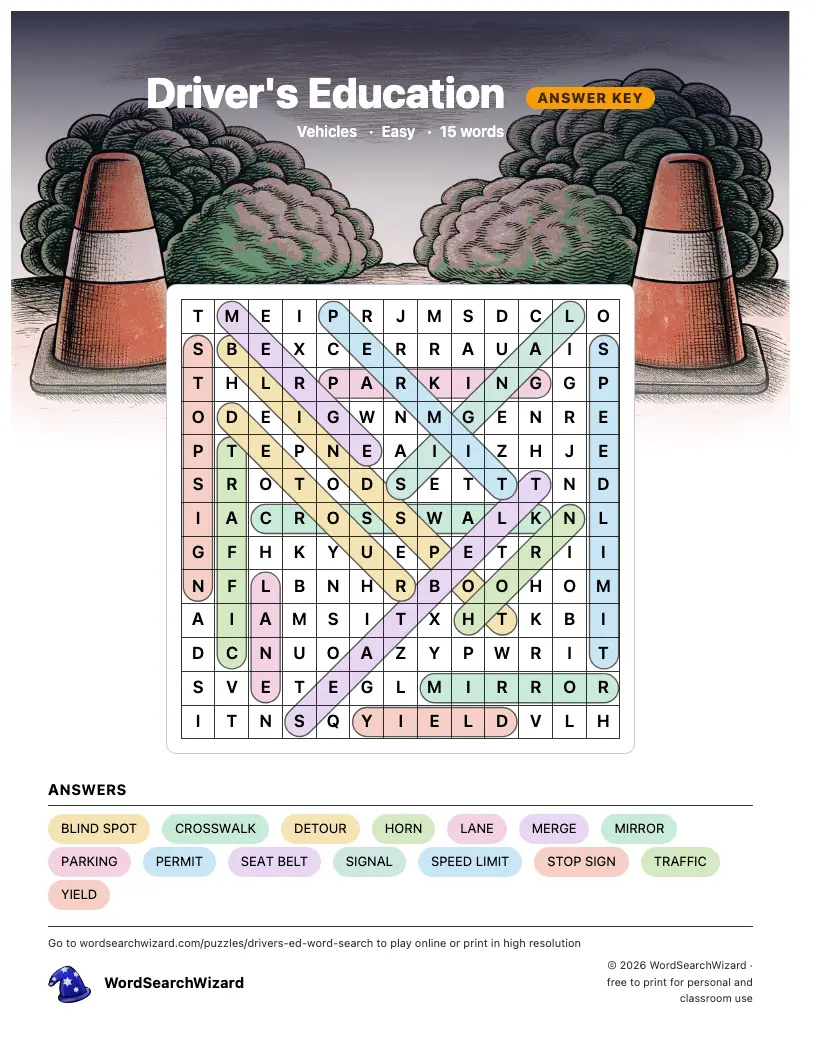 Driver's Education word search answer key, all 15 words marked