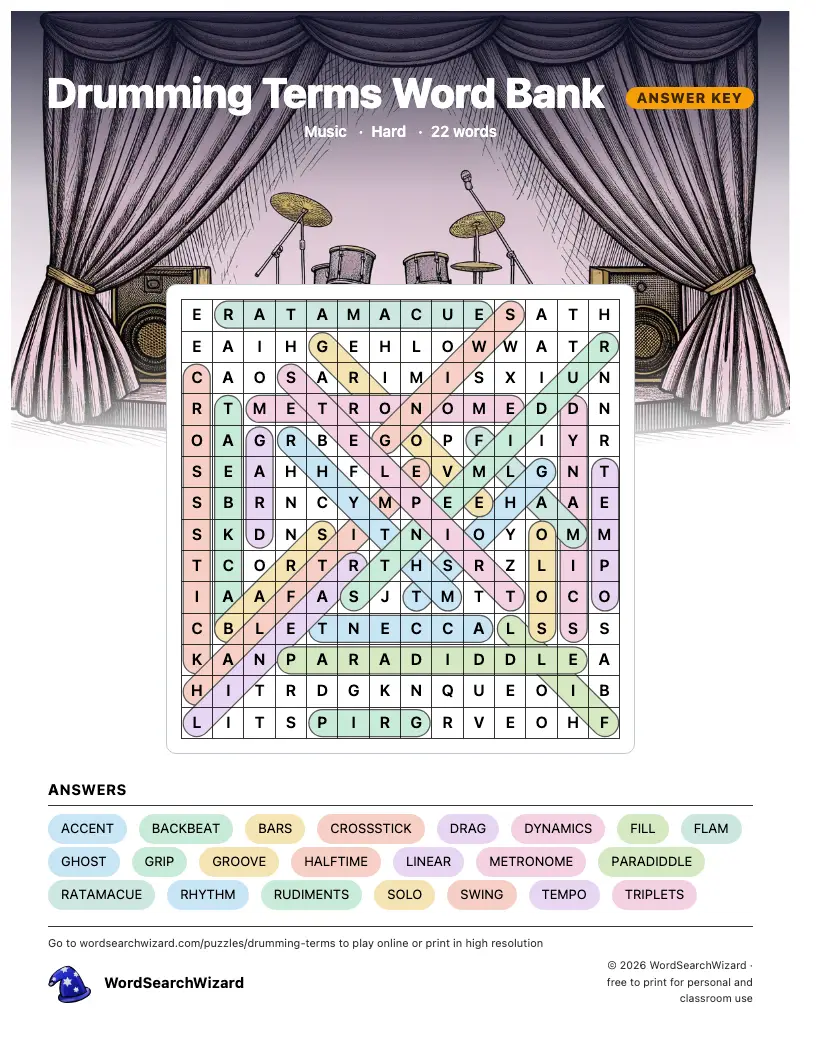 Drumming Terms Word Bank word search answer key, all 22 words marked