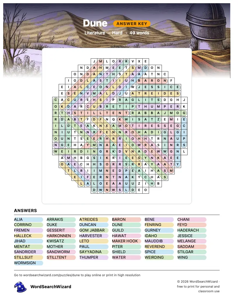 Dune word search answer key, all 49 words marked