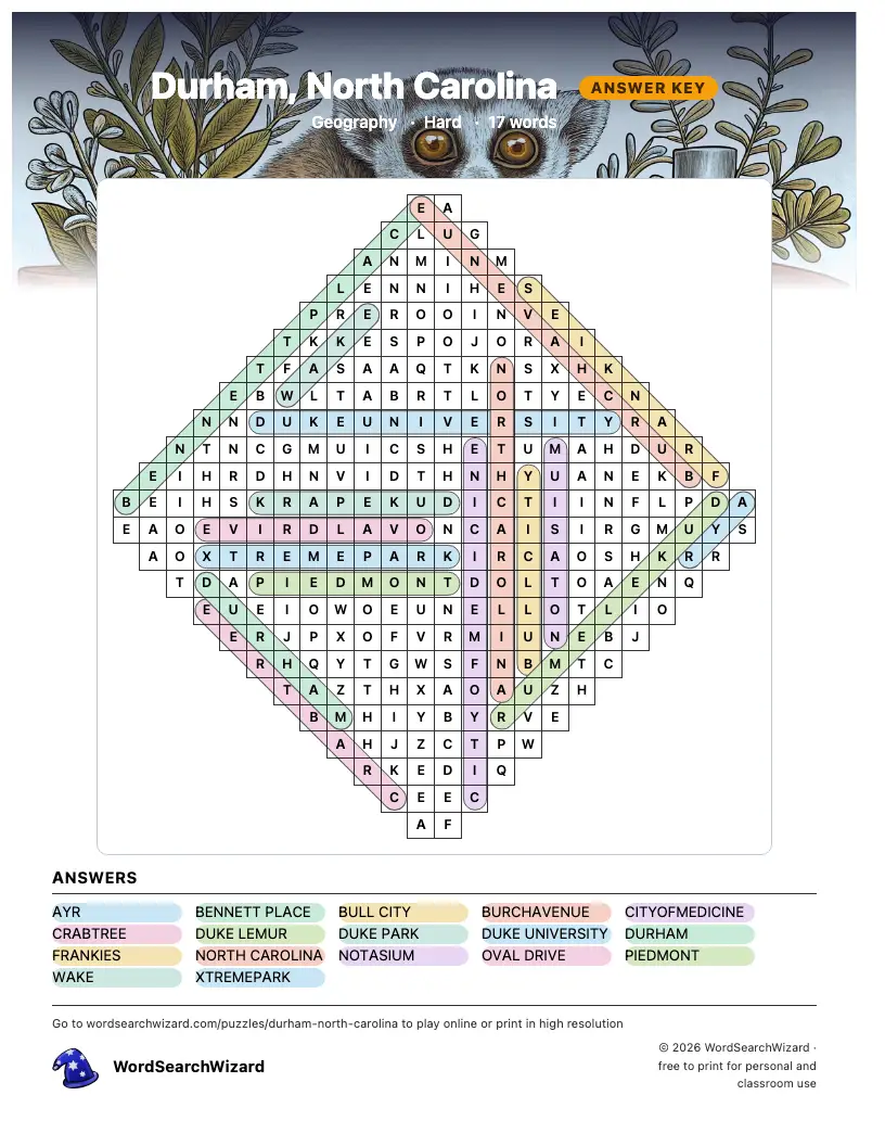 Durham, North Carolina word search answer key, all 17 words marked