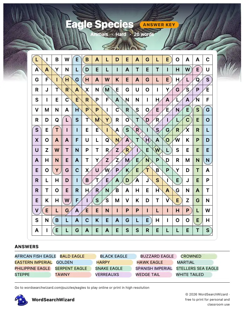Eagle Species word search answer key, all 20 words marked