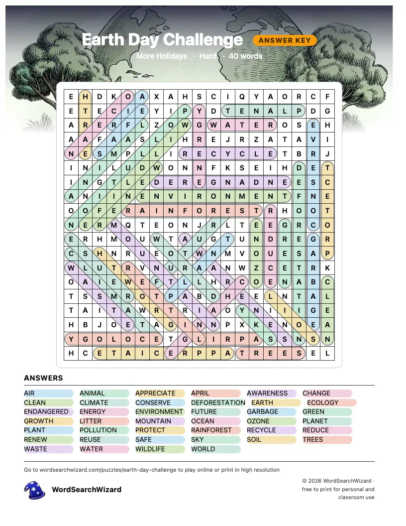 Earth Day Challenge word search answer key, all 40 words marked