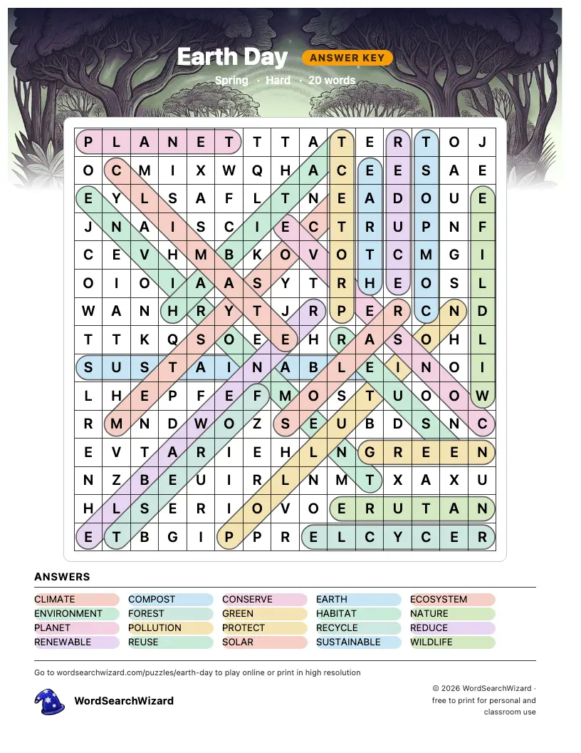 Earth Day word search answer key, all 20 words marked