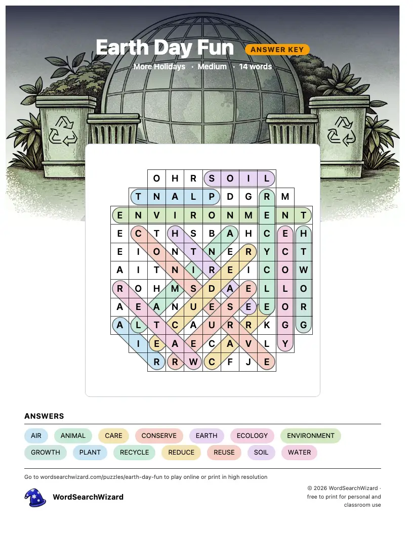 Earth Day Fun word search answer key, all 14 words marked