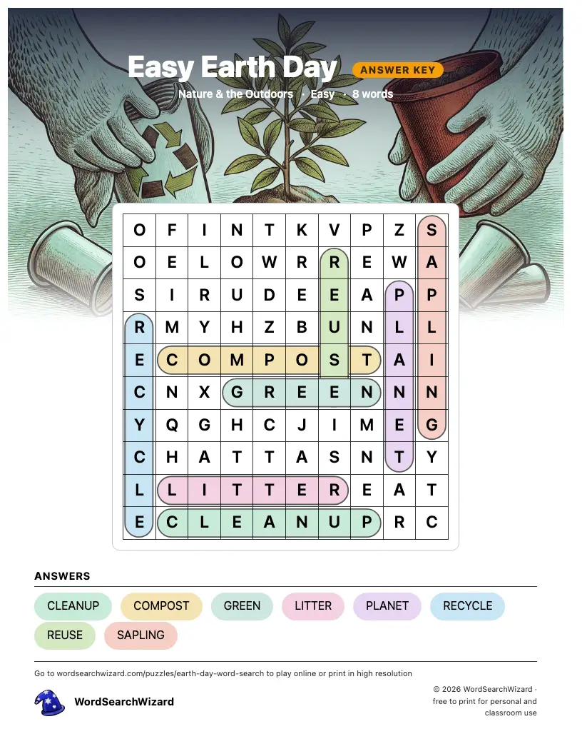 Easy Earth Day word search answer key, all 8 words marked