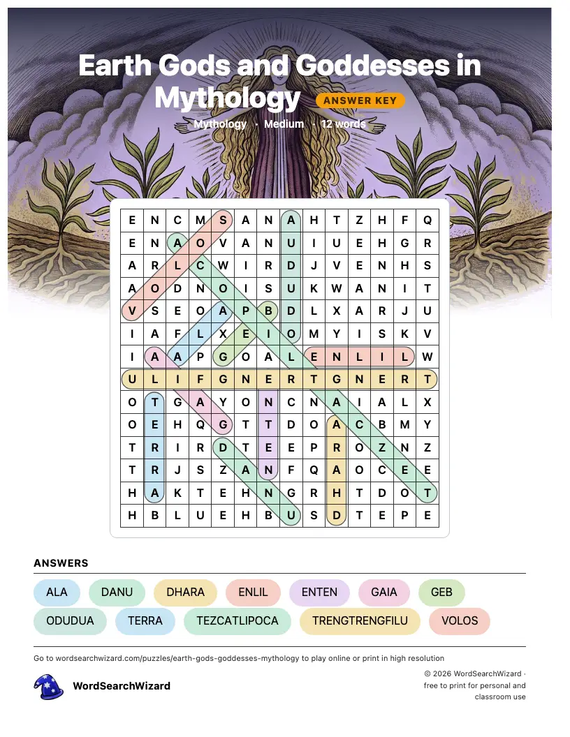 Earth Gods and Goddesses in Mythology word search answer key, all 12 words marked