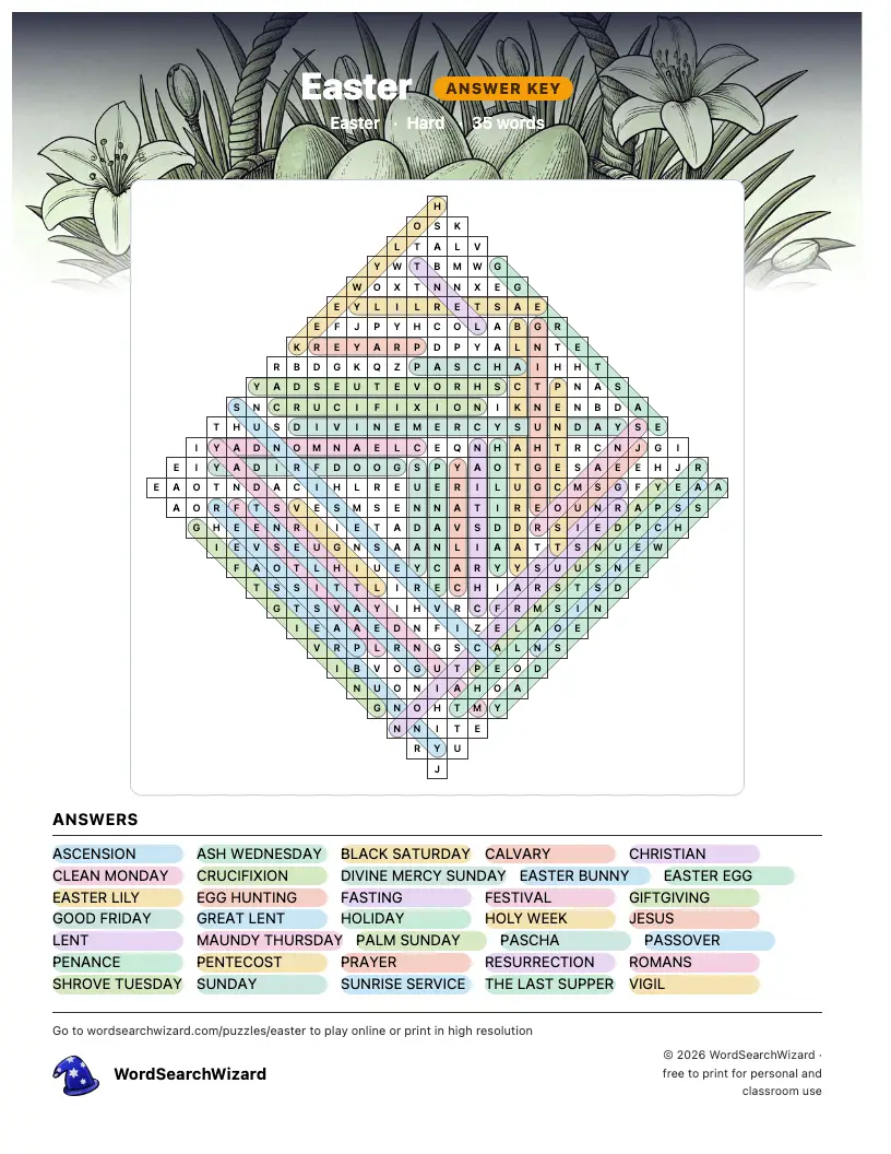 Easter word search answer key, all 35 words marked