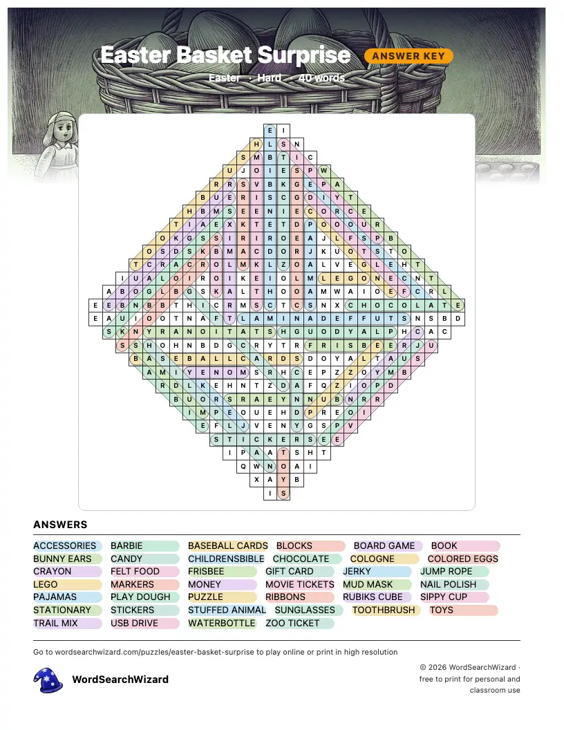 Easter Basket Surprise word search answer key, all 40 words marked