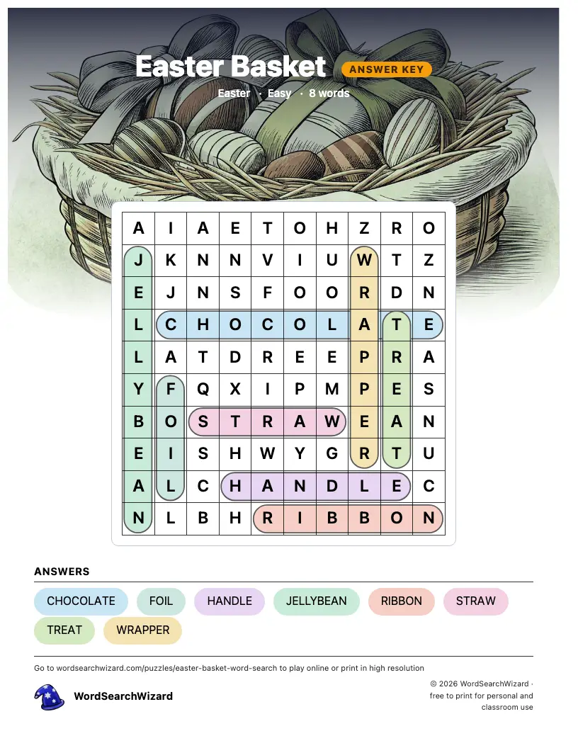 Easter Basket word search answer key, all 8 words marked
