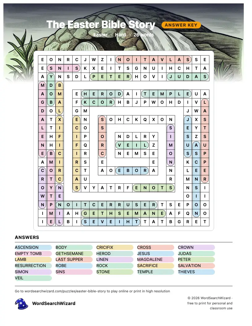 The Easter Bible Story word search answer key, all 26 words marked