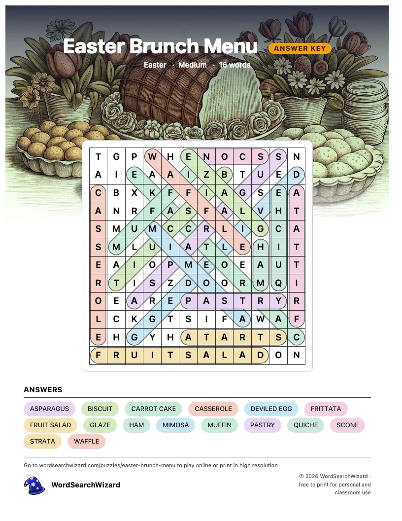 Easter Brunch Menu word search answer key, all 16 words marked