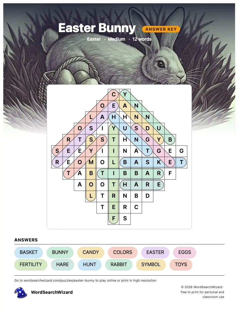 Easter Bunny word search answer key, all 12 words marked
