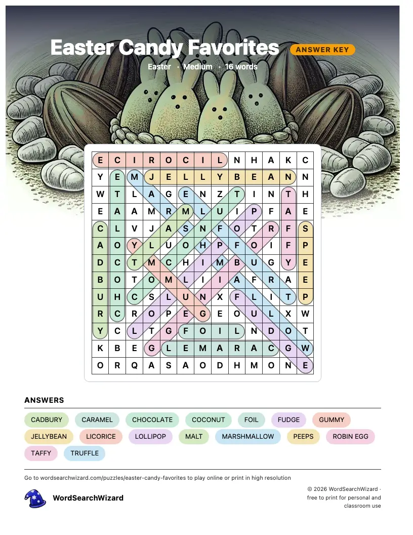 Easter Candy Favorites word search answer key, all 16 words marked