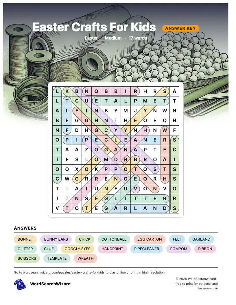 Easter Crafts For Kids word search answer key, all 17 words marked