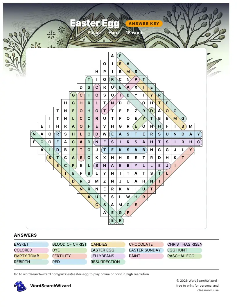 Easter Egg word search answer key, all 18 words marked