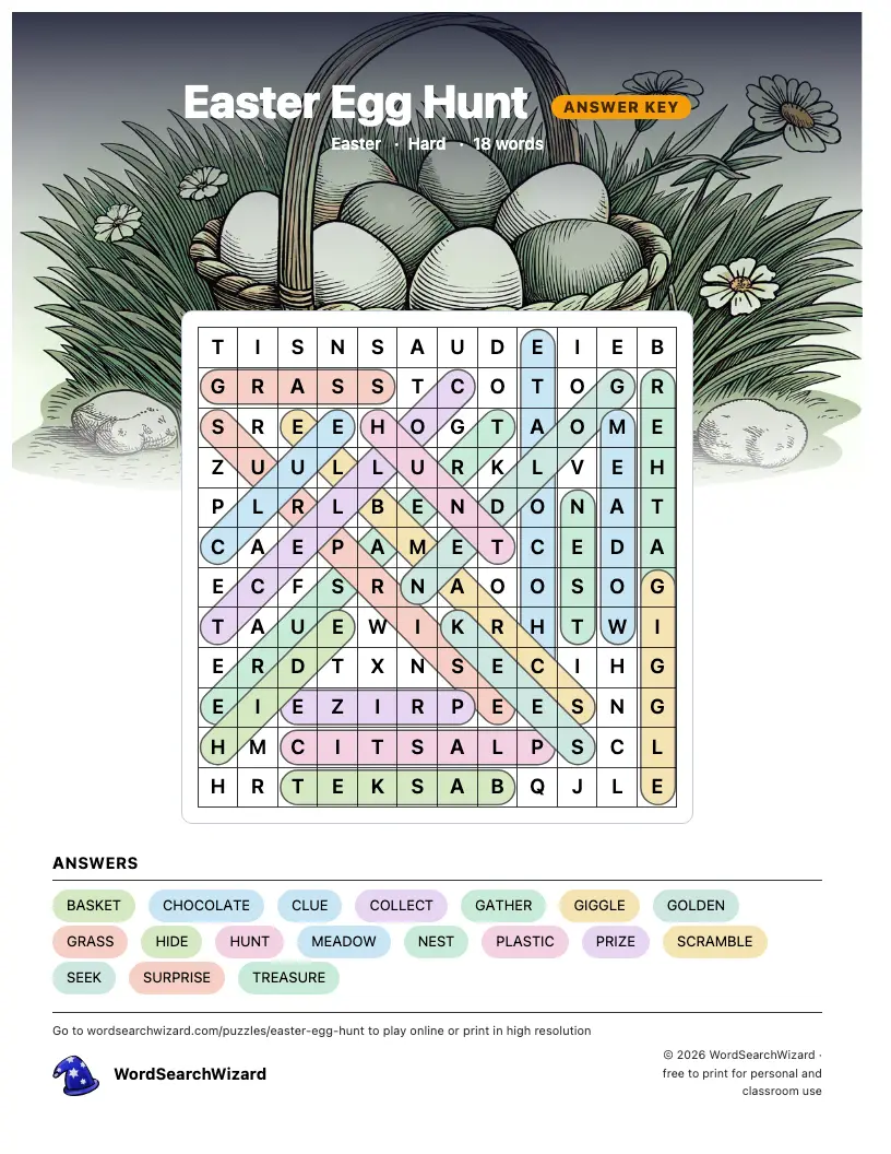 Easter Egg Hunt word search answer key, all 18 words marked