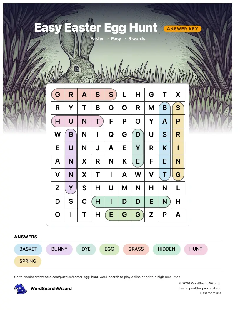 Easy Easter Egg Hunt word search answer key, all 8 words marked