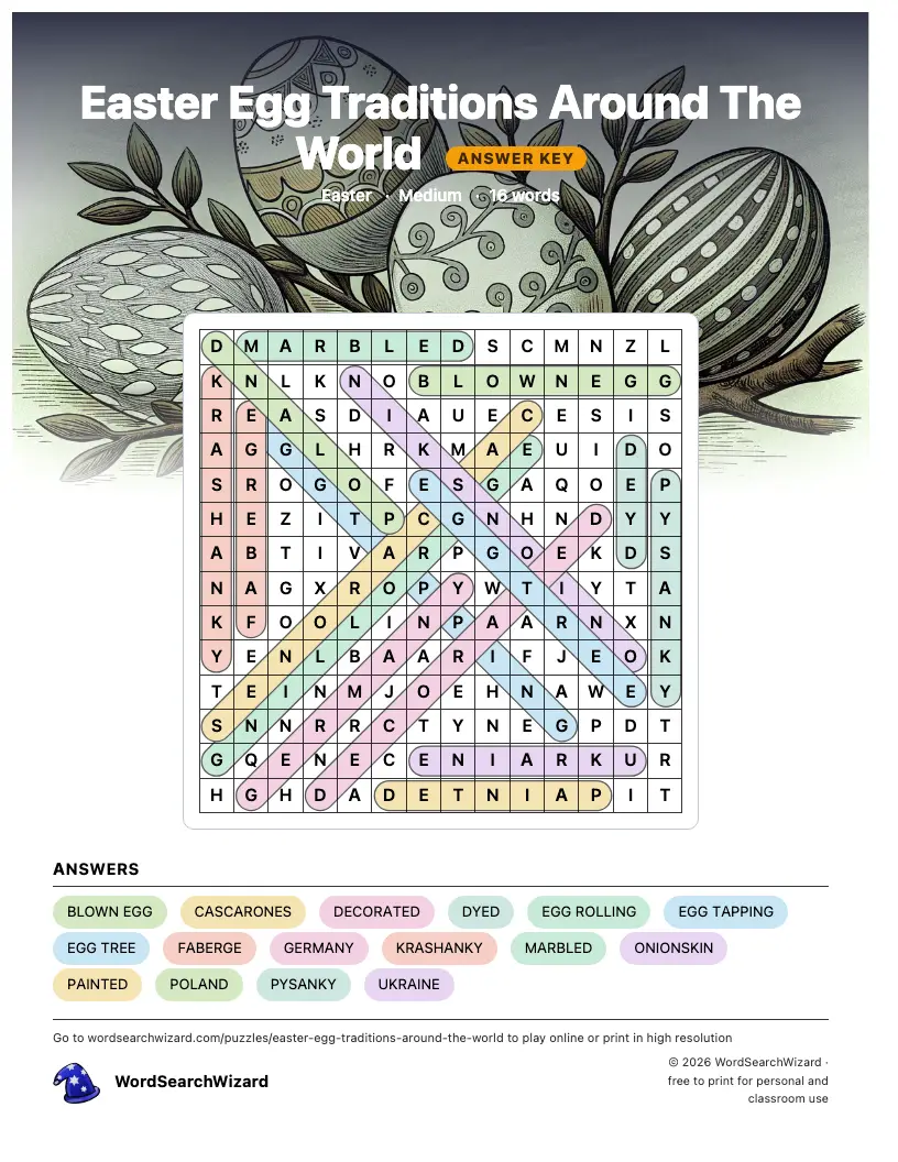 Easter Egg Traditions Around The World word search answer key, all 16 words marked