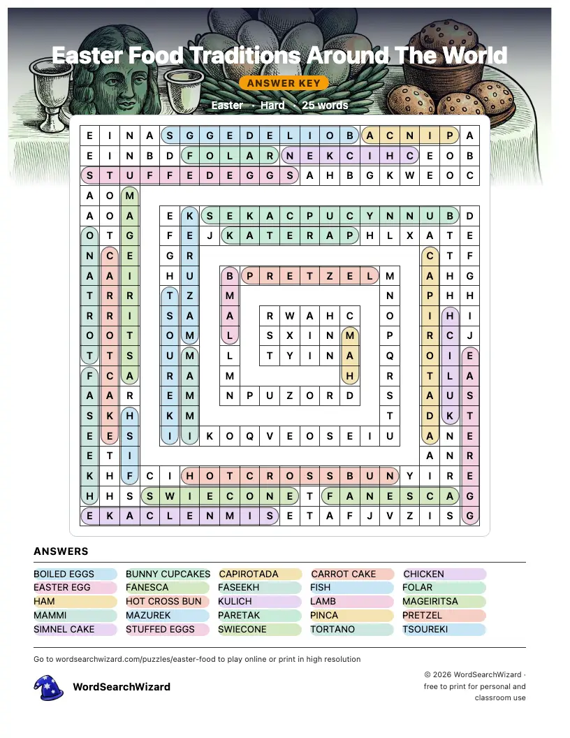 Easter Food Traditions Around The World word search answer key, all 25 words marked