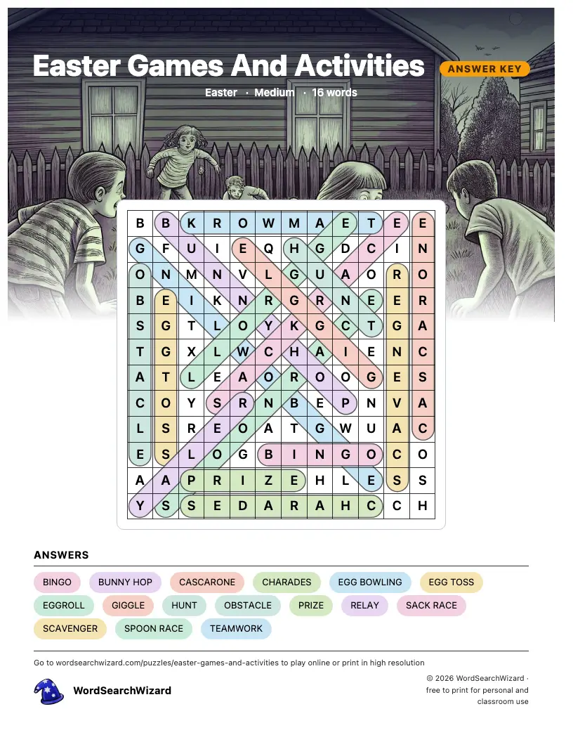 Easter Games And Activities word search answer key, all 16 words marked