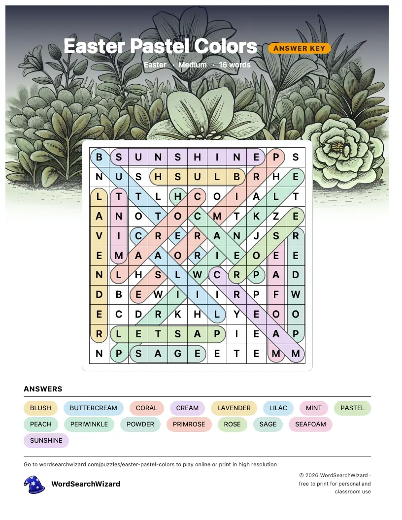 Easter Pastel Colors word search answer key, all 16 words marked
