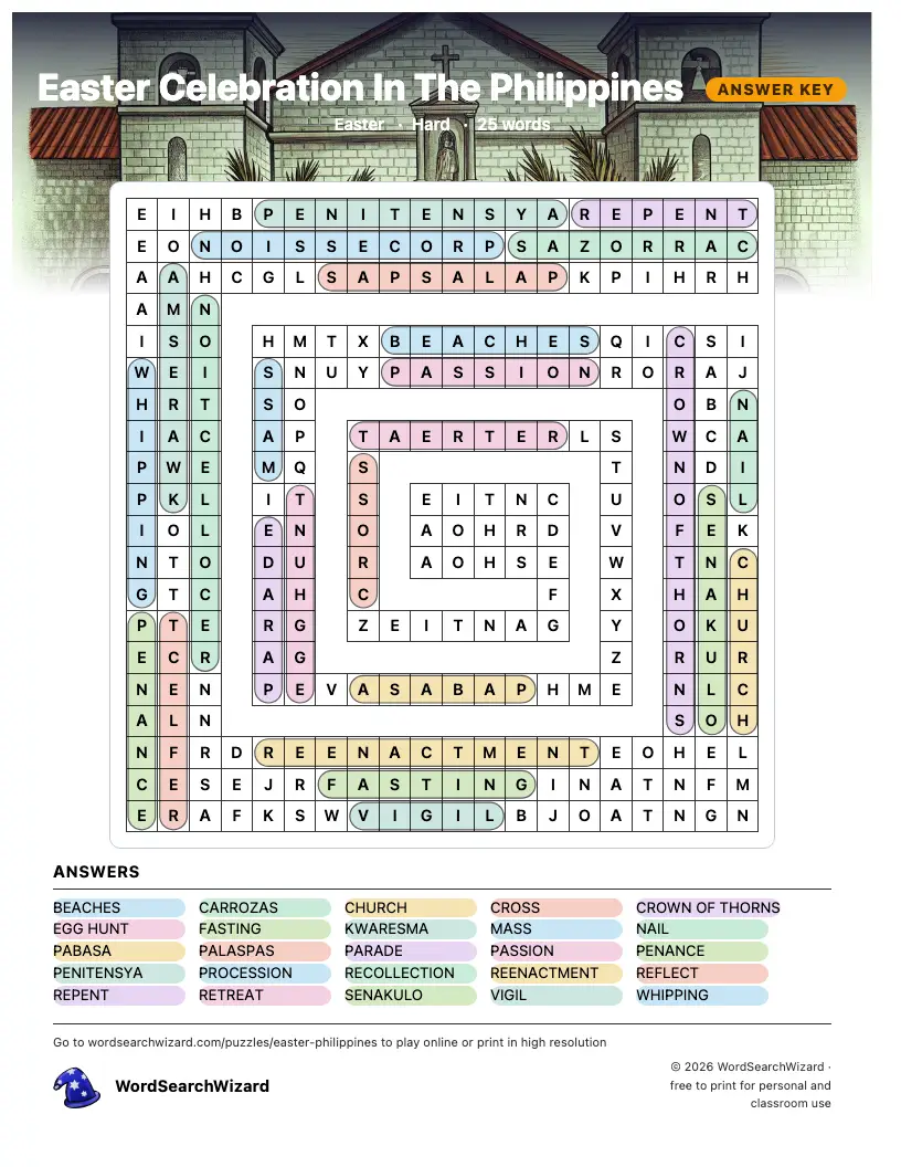 Easter Celebration In The Philippines word search answer key, all 25 words marked