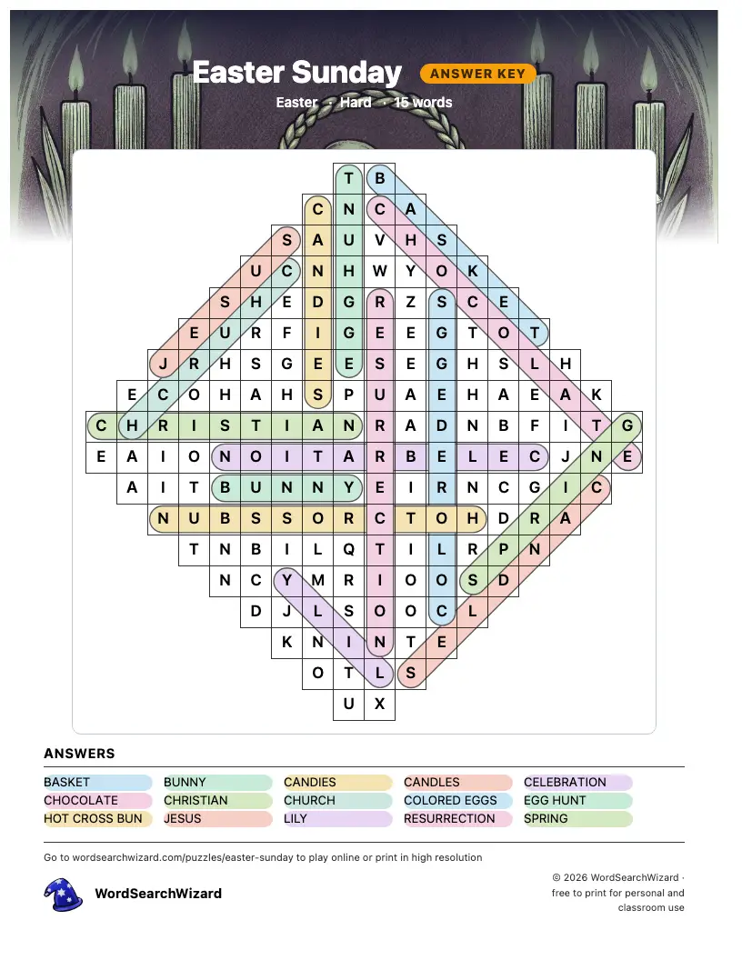 Easter Sunday word search answer key, all 15 words marked