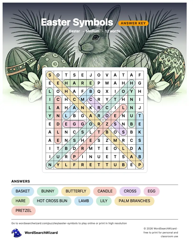 Easter Symbols word search answer key, all 12 words marked